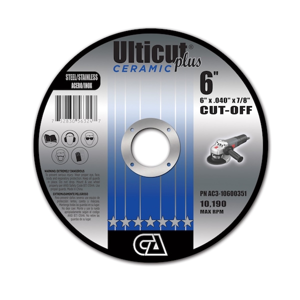 Continental Abrasives 6" x .040" x 7/8" Ceramic Ulticut Plus T1 Double Reinforced Cut-Off Wheel for Stainless/Steel AC3-10600351 - main